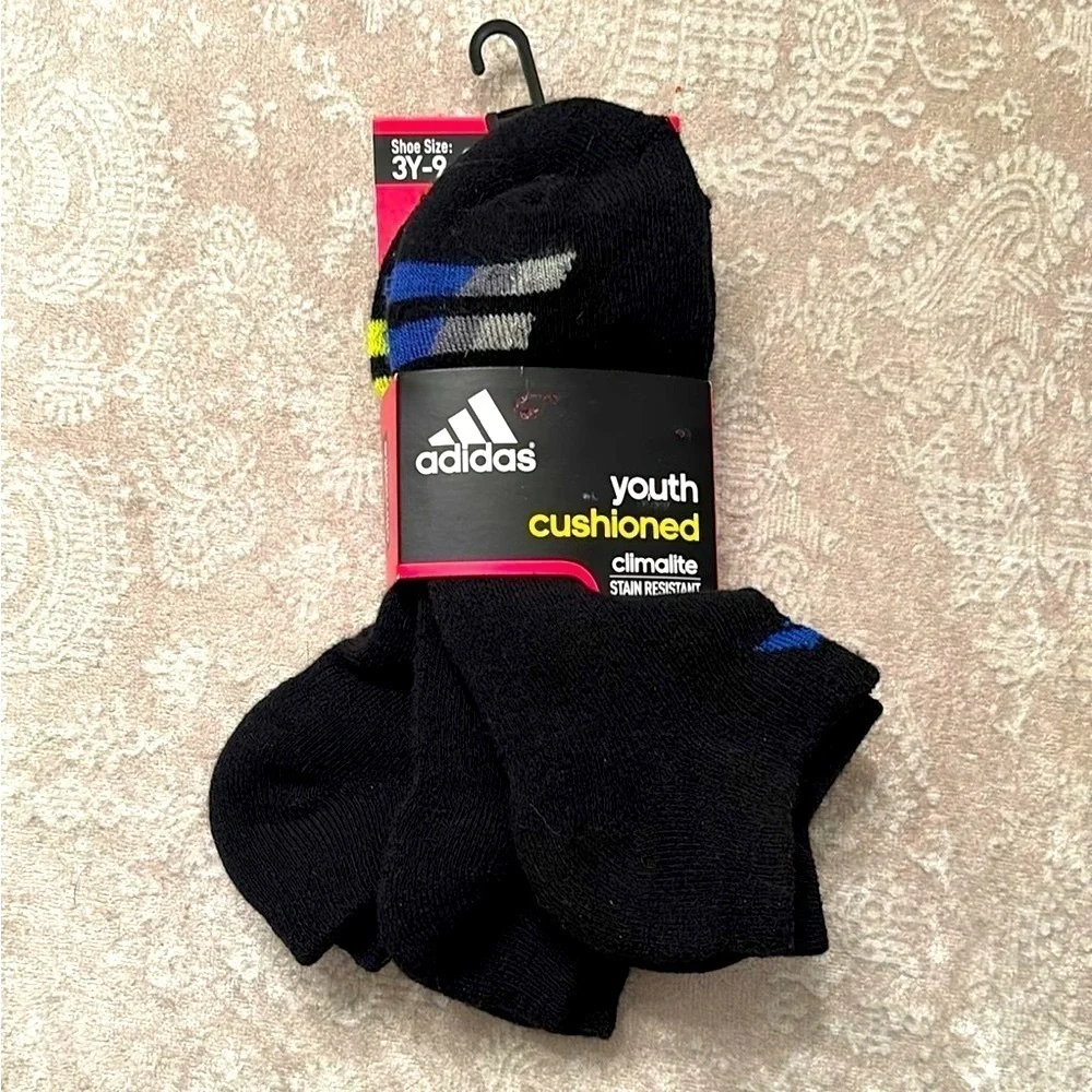 Brand New Adidas 3-Pack Youth Cushioned Climalite No Show Black Socks